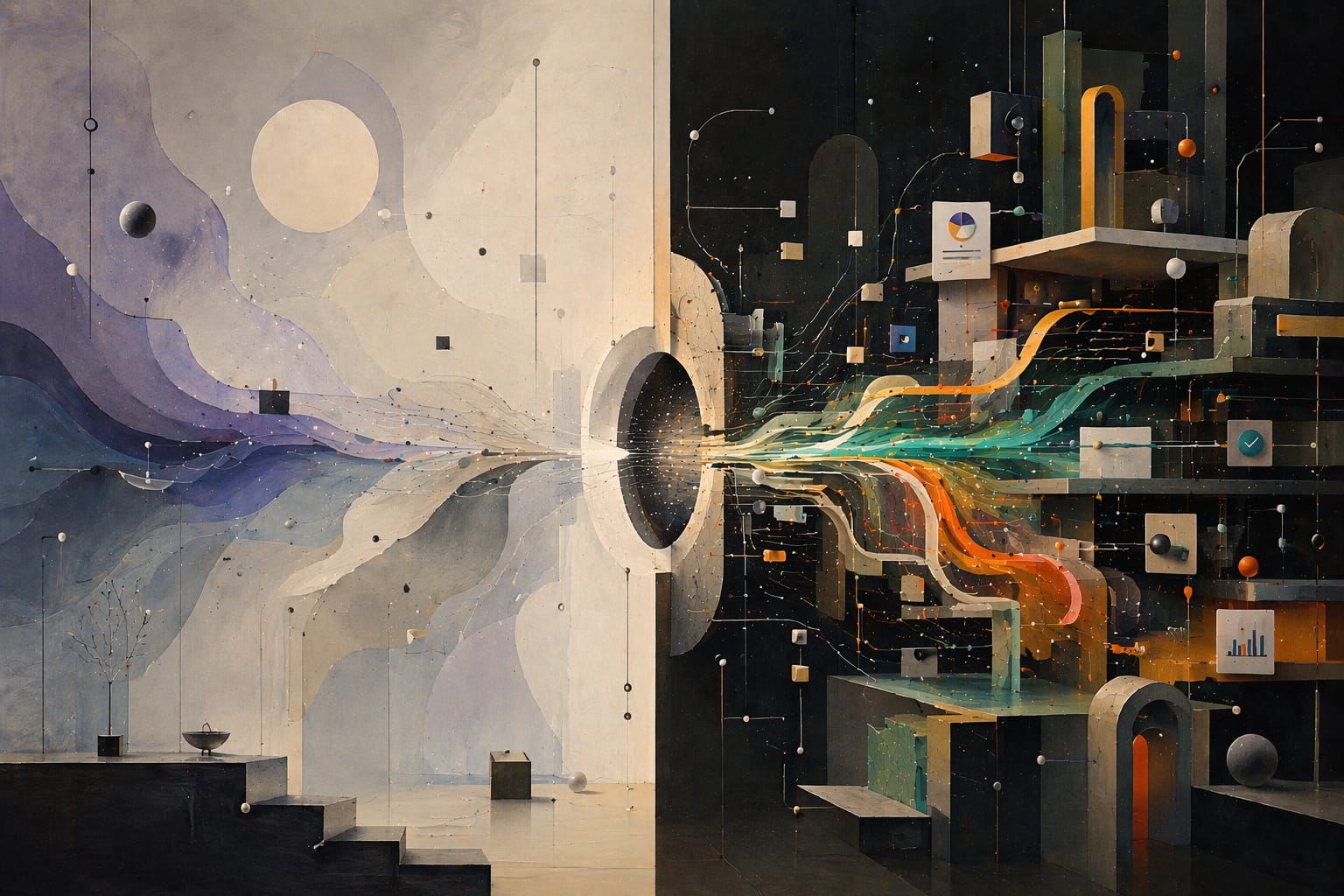 Abstract split: fluid ideas on the left, structured systems and execution on the right, connected by a central portal