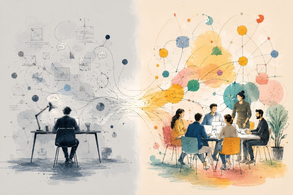 Split illustration: lone person working in grayscale on the left, vibrant team collaborating on the right, symbolizing individual focus versus shared intelligence