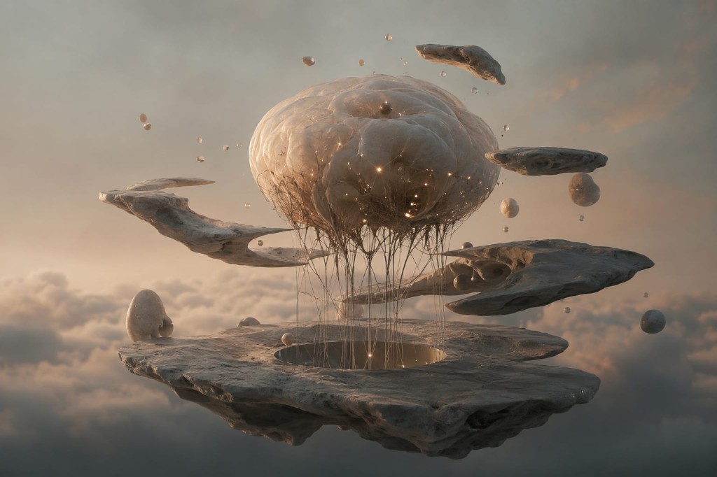 Abstract illustration of a brain-like structure connected by filaments to a floating platform above clouds, symbolizing a new layer of software between data and execution