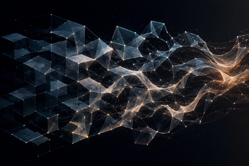 Abstract illustration of rigid geometric cubes on the left dissolving into a fluid, glowing neural network on the right — a visual metaphor for the shift from workflows to decision systems