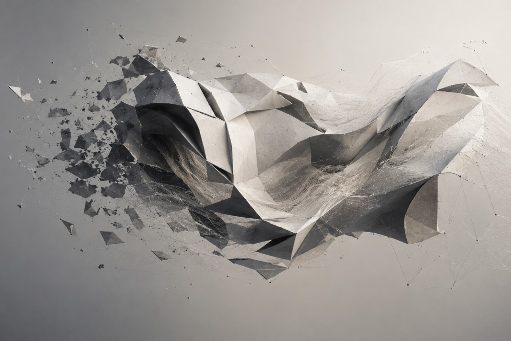 Abstract 3D geometric structure transitioning from solid fragmented planes on the left into a delicate network of fine lines on the right — a visual metaphor for operational intelligence emerging from rigid systems
